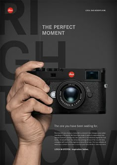 a person holding up a camera in front of a black and white background with the words'the perfect moment '