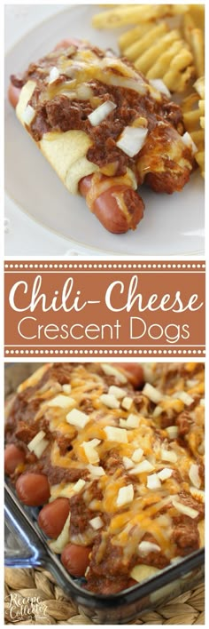 chili cheese crescent sausages with french fries on the side and in a casserole dish