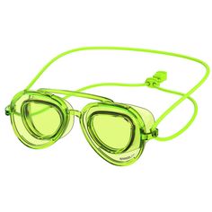 a pair of goggles with neon green frames and straps on the side, against a white background