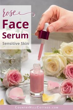 Learn how to make a soothing DIY serum for sensitive at home. This face serum is best for for glowing skin, anti aging, and dry skin care. Formulated with natural ingredients, rose hip oil and essential oils, the moisturizing serum can restore suppleness, collagen, and the skin barrier. The comprehensive beauty product recipe shares the benefits and tips for applying and formulating homemade facial serums. Fresh rose glow serum is good for day or night. #serum | CountryHillCottage.com Skin Serum Diy, Facial Serum Recipe, Rose Serum, Essential Oil Anti Aging, Diy Serum, Diy Rose, Diy Kosmetik, Diy Skin Care Recipes, Diy Roses