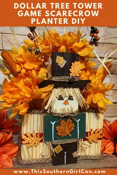 the dollar tree tower game scarecrow planter diy with fall leaves and pumpkins