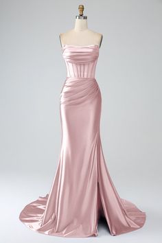 Zapakasa Women Pink Prom Dress Mermaid Strapless Beaded Pleated Long Evening Dress With High Slit Pink Prom Dress Mermaid, Md Dresses, Blush Pink Prom Dress, Prom Vibes, Debs Dresses, Pink Prom Dresses Mermaid, فستان زهري, Prom Dress Inspo, Queen Dresses