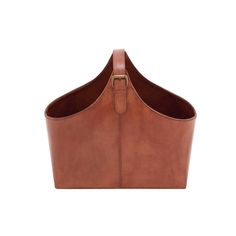 a brown leather purse with two handles and an open pocket on the front, sitting against a white background