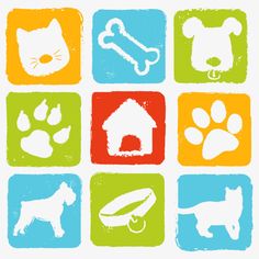 dog and cat icons in grunge style on colored squares with white background illustration