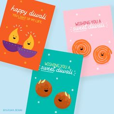 three different greeting cards with the words happy diwali, wishing you a sweet dum