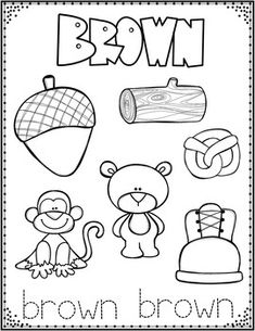 a coloring page with brown and white items for children's crafts, including an apple,