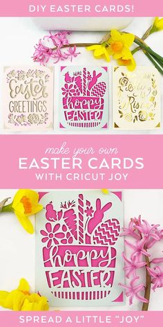 easter cards with cricut joy on them and some flowers in front of it