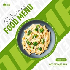 a flyer for a food and drink restaurant featuring pasta with broccoli on it