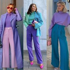 Womens Color Block Outfit, Colourful Work Outfits Women, Colorful Professional Outfits, Color Combinations For Clothes Women, Purple Top Outfit, Colorful Wardrobe, Colour Combinations Fashion, Color Combos Outfit, Color Blocking Outfits