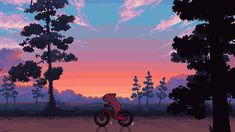 a pixellated image of a bear riding a bike in the woods at sunset or dawn