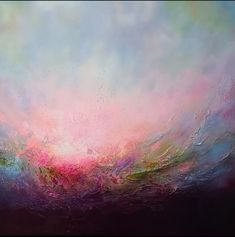 an abstract painting with pink, blue and green colors