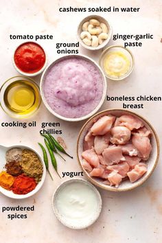 the ingredients to make chicken broth are shown in bowls