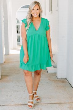 dress, v neck, short dress, ruffle hem, solid, jade, green, baby doll, loose, comfy, spring, summer, sleeveless Dress With Wedges, Adventure Dress, Everyday Look, The Cutest, Plus Size Outfits, Jade, Summer Outfits, Size 12, Wedges