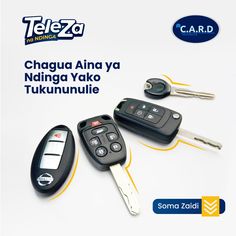 three car keys sitting next to each other on top of a white surface with the words telezo written in spanish