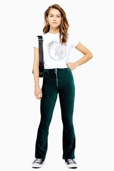 Topshop PETITE Green Corduroy Zip Flare Pants | These corduroy zip flare pants are so autumn winter and look great with a printed tee added to the mix. Petite friendly pants, trendy corduroy | affiliate link | Topshop | #topshop #greenpants #corduroy #fallfashion Green Corduroy, Green Pants, Rain Wear, Office Fashion, Carousel