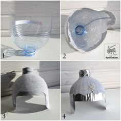 four pictures showing how to make a paper mache helmet with duct tape and water