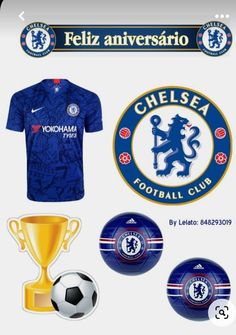 the chelsea kit is shown with soccer balls and a golden trophy in front of it