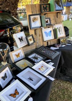 many framed pictures are on display at an outdoor market table with black cloth and wooden crates