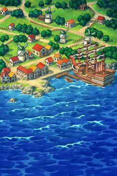 an image of a cartoon town by the ocean with ships and houses on land next to water