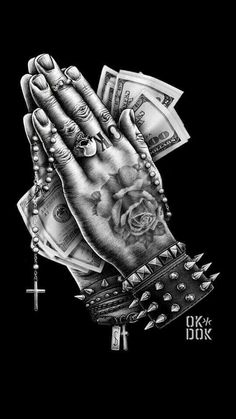 a black and white drawing of a praying hand with money on the other hand, in front of a cross