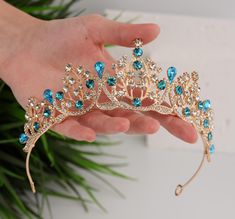 Sapphire Tiara, Tiara Blue, Bridal Crown Crystal, Wedding Crown Tiara, Crystal Crown Tiaras, Crown Crystal, Gold Bridal Necklace, Gold Headpiece