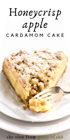 a close up of a fork on a plate with a cake in the background and text overlay that reads, honeycrisp apple cardamoo cake