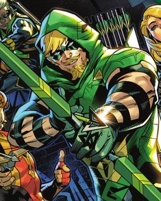 the green arrow is surrounded by other characters