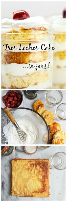 three pictures with different types of desserts and the words tres leers cake in jars