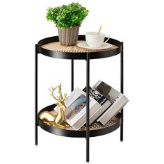 a round table with two shelves holding magazines and a potted plant next to it