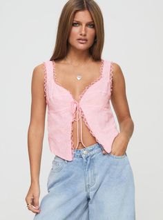 Merrelle Top Pink Spring V-neck Tie Back Tank Top, Spring V-neck Top With Tie Straps, V-neck Top With Tie Straps For Spring, V-neck Tops With Tie Straps For Spring, Cotton Eyelet V-neck Top, Sleeveless Eyelet Top For Spring, Summer Cropped Top With Broderie Anglaise, Summer V-neck Eyelet Top, Broderie Anglaise Cropped Top For Summer