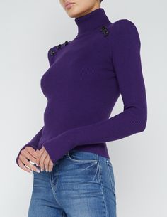 L'Agence Reeves Shoulder Pad Button Detail Turtleneck in Deep Purple Black on pre-order. Delivery date: 11/30/2024-12/30/2024. Long sleeves. Turtleneck neckline. Thumb holes. Dramatic shoulder pads. Black button details. Slim fit. 50% Rayon, 22% Nylon, 28% Polyester. Imported. Dry clean. Resort Accessories, Purple Soft, Strong Shoulders, Ronny Kobo, Denim Shoes, Denim Coat Jacket, Turtle Neck Top, Denim Flares, Denim Coat