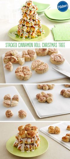 there are several different types of cookies on the table and one is stacked with cinnamon roll christmas trees