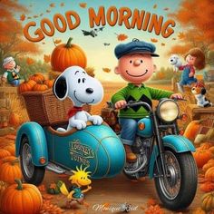 a cartoon character riding on the back of a motorcycle next to a dog and pumpkins