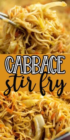 the words cabbage stir fry are over a bowl of noodles