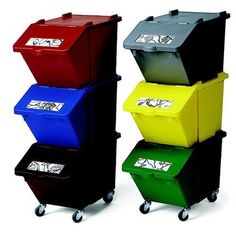 four different colored bins stacked on top of each other with the words, stackable recycling bins