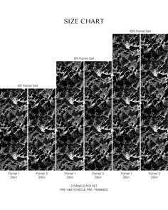 the size chart for an area with black and white marbled walls, including four different sizes