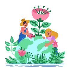 two women are watering plants on top of the earth