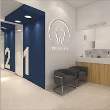 a dental office with blue and white walls