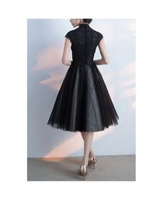 Get 10% off now! Buy black tulle knee length homecoming dress with sequined lace at cheap price online. Free stable shipping and pro custom service since 2009. Dress With Collar, Ball Skirt, Qipao Cheongsam, Lace Homecoming Dresses, Dresses Xxl, Black Tulle, Black Evening Dresses, Black Midi, Formal Party