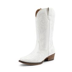 PRICES MAY VARY. Retro Square Toe: These cowboy boots feature a stylish square-toe silhouette providing ample space for toes to spread naturally. Exquisite Embroidery: Enhance your overall look with the finely embroidered elements and you can exude Western charm when you step out in these tall cowboy boots. Slip-On Design: Experience effortless convenience with the easy slip-on design, these boots also feature convenient pull loops. These western cowboy boots are crafted to enhance the natural c Cowgirl Boots Square Toe, Cowgirl Boots Square Toed, White Cowgirl Boots, Women's Cowboy Boots, Retro Autumn, Boots Mid Calf, Cowgirl Look, White Cowboy Boots, Boots Square Toe