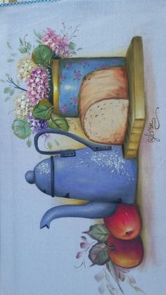 a painting of bread, apples and flowers on a white cloth with blue trimmings