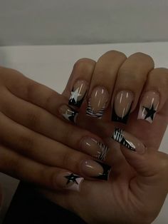 Black and pink French tip with star and zebra stripe! French Tip Nails With Cross Design, Black Nails W Stars, French Tip Zebra Nails, Black And White Zebra Nails, Black Nails With Star Design, Emo French Tip Nails, Zebra Design Nails, Zebra And Cheetah Nails, Zebra Nails Y2k