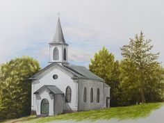 a drawing of a church with trees in the background