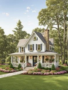 a white house with blue shutters and flowers in the front yard