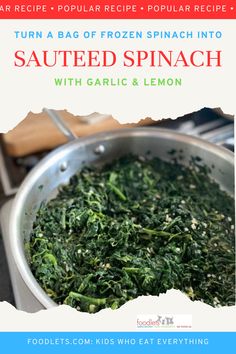 the recipe for sauteed spinach with garlic and lemon is featured in this postcard