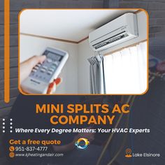 a man holding a remote control in front of a window with the words mini splits ac company on it