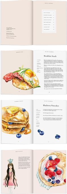 an open book with illustrations of pancakes and other food items on the pages, all in different colors