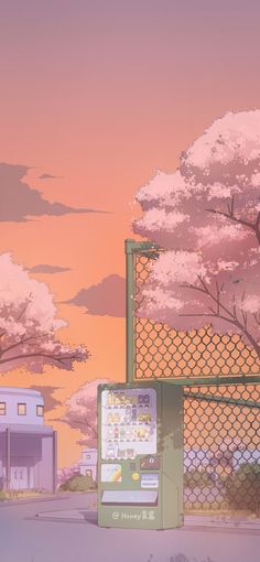 an anime scene with trees and buildings in the background