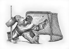 an ink drawing of a goalie catching the ball