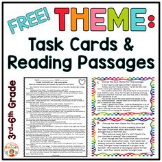 a poster that says, free theme task cards and reading passagess